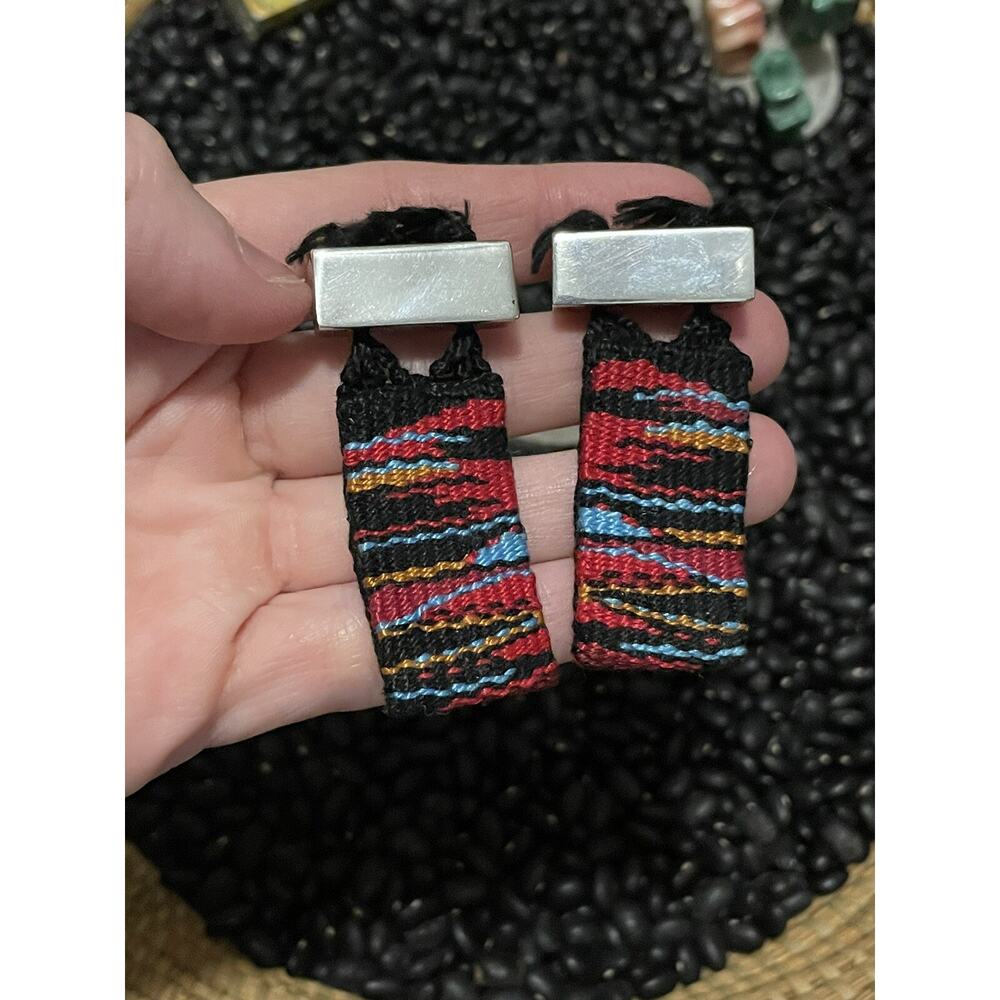 Pair Native American Southwest Sterling Silver Navajo Rug Serape Post Earrings